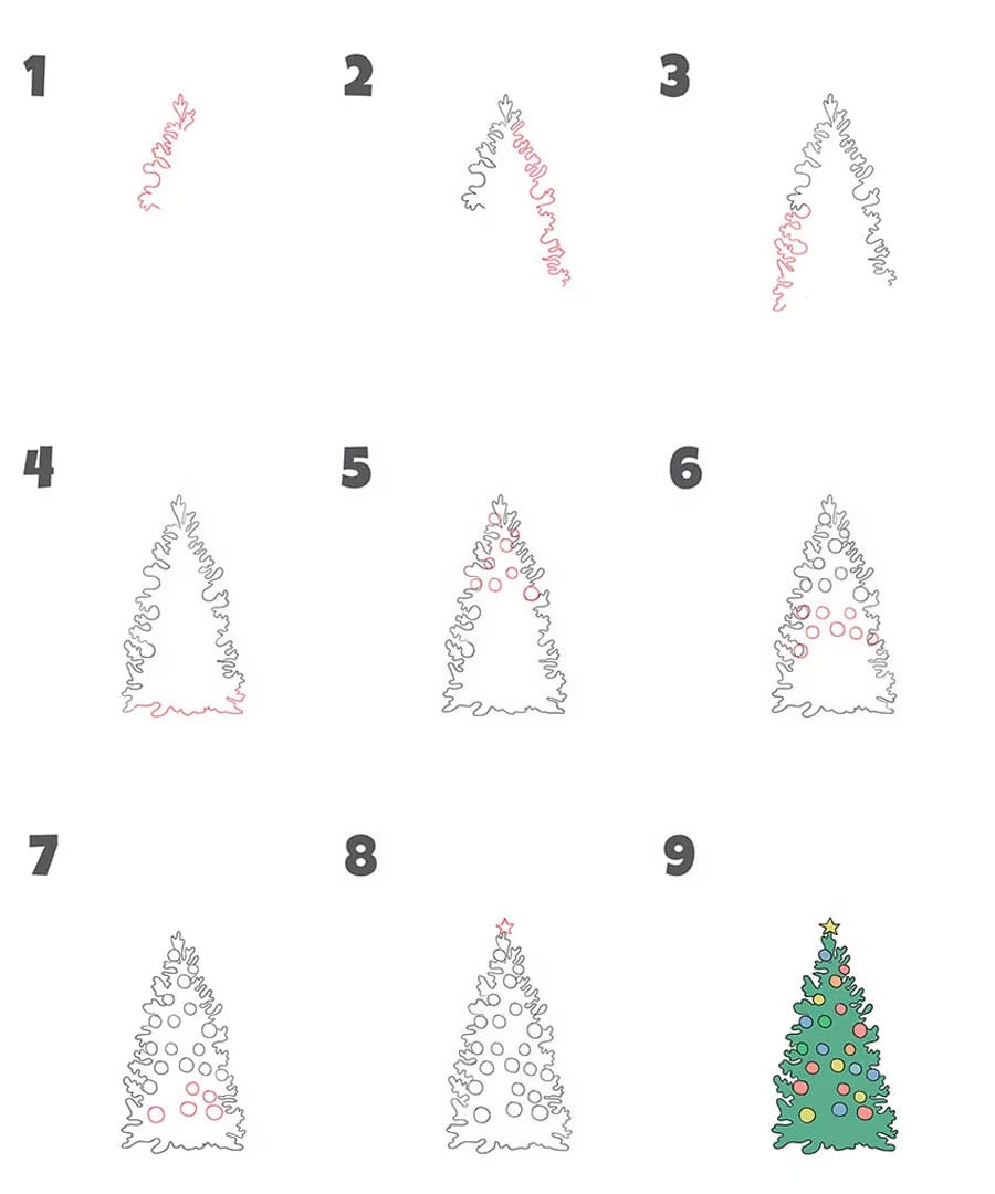 مراحل کشیدن نقاشی درخت کریسمس