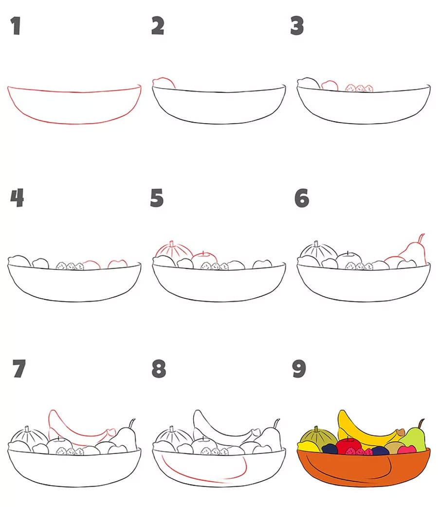 مراحل کشیدن نقاشی ظرف میوه