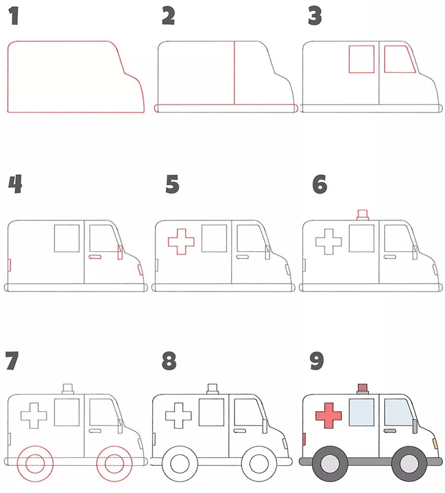مراحل کشیدن نقاشی ماشین آمبولانس