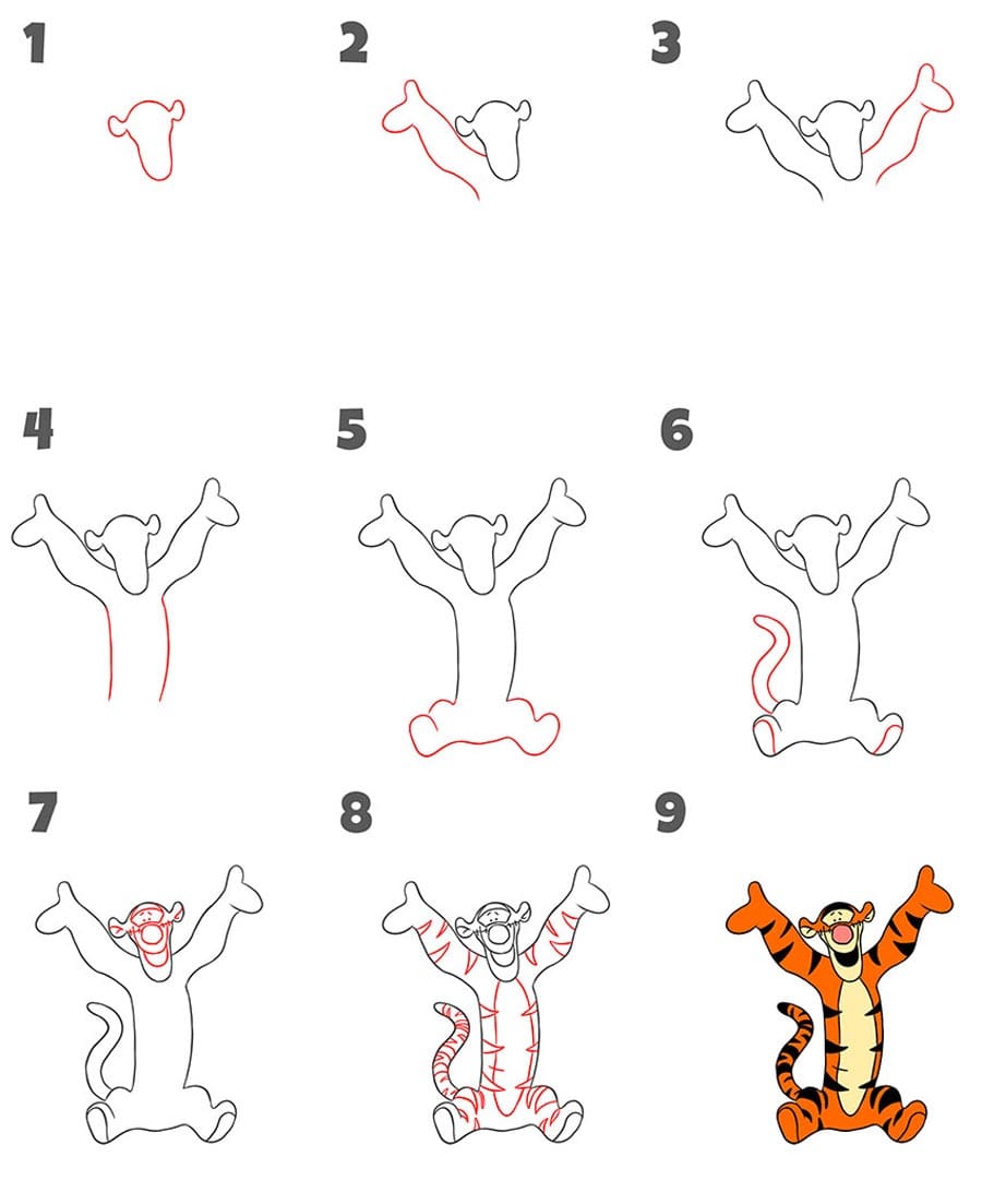 مراحل کشیدن نقاشی کودکانه تایگر بازیگوش