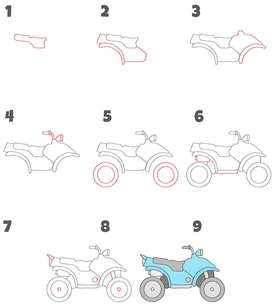مراحل کشیدن نقاشی موتور چهار چرخ